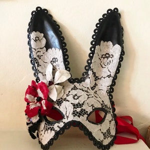 Black Midsummer Bunny Black Leather Cream Lace & Velvet Flower Rabbit Mask Animal Masquerade Easter Bunny Year of the rabbit image 4