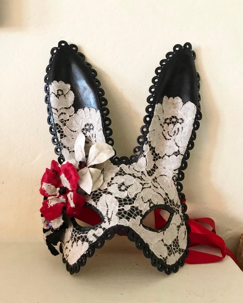 Black Midsummer Bunny Black Leather Cream Lace & Velvet Flower Rabbit Mask Animal Masquerade Easter Bunny Year of the rabbit image 4