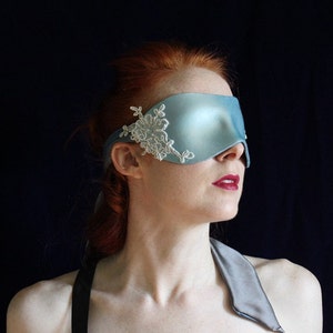 Hand molded Leather Blindfold, Pearly Blue Leather Coquette Mask, with Beaded Lace & long Silk Tie Valentine's Gift for Lovers To Order image 2