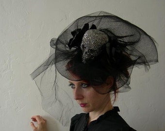 Lady Death - Large Leather, Tulle and Hematite Crystal Skull Headdress. - To order