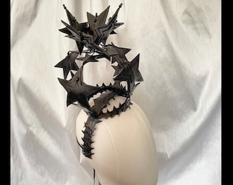 Black Star Crown for Queen or King - Large Leather Headdress ~ Black Leather Heart & Glass Jet Bead Statement headpiece  - To Order.