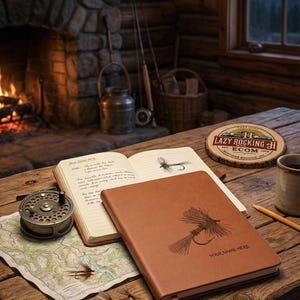 Diario de pesca personalizado para hombre / Cuaderno de pesca con mosca Royal Wulff / Regalo personalizado para pescador / Cuaderno de pesca de cuero vegano