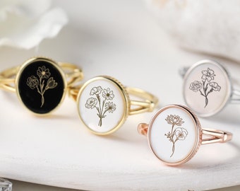 Personalisierter Geburtsblumenring: Perlmutt & Schwarzer Achat Siegelring
