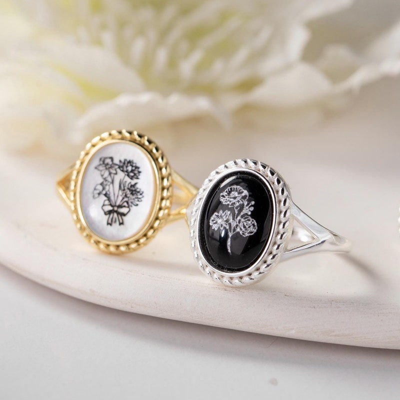 Personalisierter Geburtsblumenring, Perlmutt Schwarzer Achat Oval Ring, Personalisierter Geburtsmonat Blumenring, Einzigartiges Geburtstagsgeschenk, Weihnachtsgeschenk