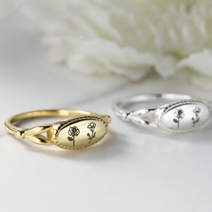 Custom Sterling Silver Birth Month Flower Ring: Engraved Floral Jewelry