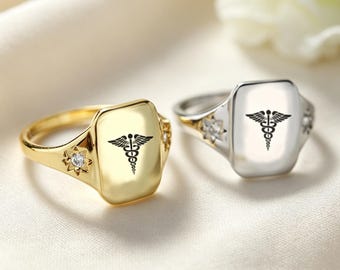Bague caducée en argent sterling : bijou chevalière en or 14 carats représentant un symbole médical (médecin, infirmière).