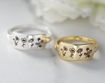 Bague personnalisée avec fleur de naissance : Bague florale en argent sterling gravée, cadeau pour maman