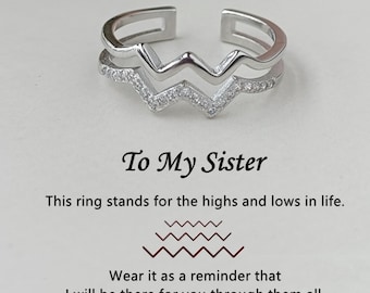 To My Sister hoogte- en dieptepunten dubbele golfring, verstelbare sterlingzilveren ring, inspirerende ring, BFF-cadeau, verjaardagscadeau, kerstcadeau