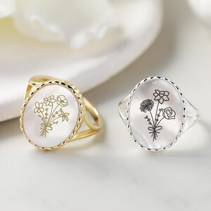 Custom Birth Flower Bouquet Ring: Oval Mother of Pearl White Shell Floral Signet