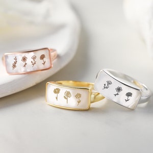 Benutzerdefinierte Geburtsblume Ring, Perlmutt Rechteck Ring, personalisierte Geburt Monat Ring, Floral Siegelring, Geburtstagsgeschenk, Weihnachtsgeschenk