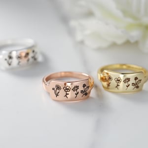 Custom Birth Flower Ring: Engraved Sterling Silver Floral Ring