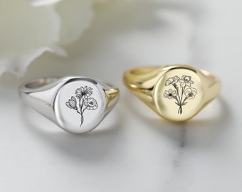 Personalisierte Silber Geburtsblume Oval Ring: Gravierte Blumensiegel