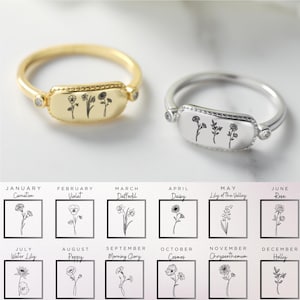 Custom Birth Month Flower Ring, Gift for Women, Handmade Engraved Birth Flower Ring, Personalized Family Birth flower Ring，Christmas Gift