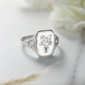 Personalized Birth Flower Ring: Sterling Silver Engraved Bouquet Ring ...