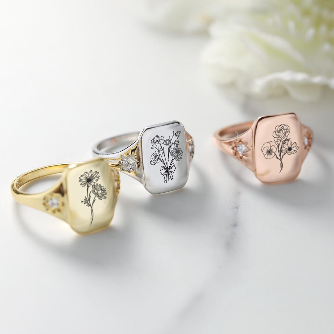 Personalized Birth Flower Ring: Sterling Silver Engraved Bouquet Ring ...