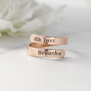 Just Breathe Band Ring: Stainless Steel Self-Reminder, Adjustable Signet Inspirational Gift Rose Gold