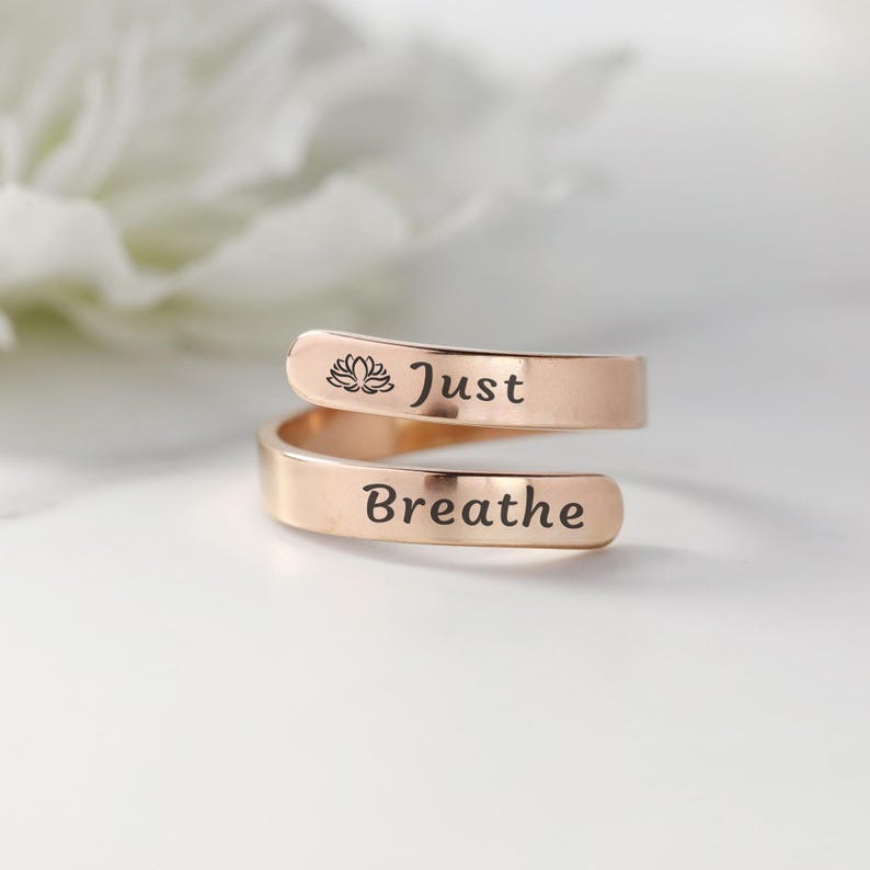 Just Breathe Band Ring: Stainless Steel Self-Reminder, Adjustable Signet Inspirational Gift Rose Gold