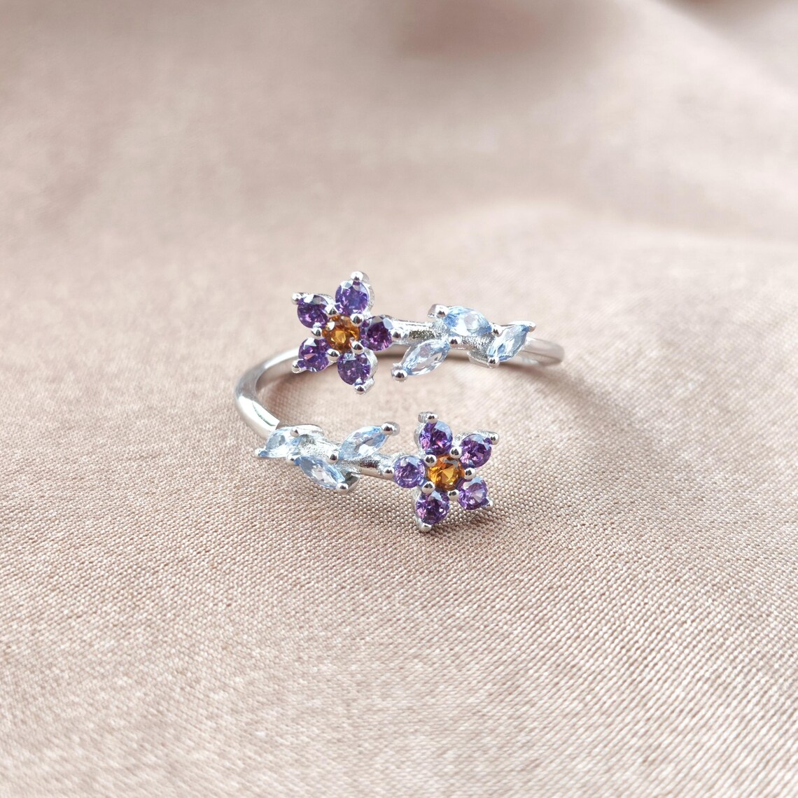 What Nots Rings Sterling Silver Forget Me Nots Pave CZ Ring – Adjustable Floral ...