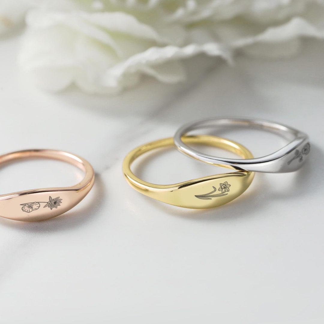 Personalized Birth Flower Ring: Engraved Sterling Silver Floral Signet ...