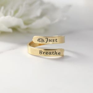Just Breathe Band Ring: Stainless Steel Self-Reminder, Adjustable Signet Inspirational Gift Gold