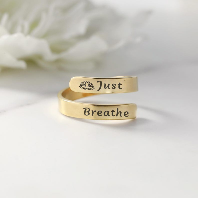 Just Breathe Band Ring: Stainless Steel Self-Reminder, Adjustable Signet Inspirational Gift Gold