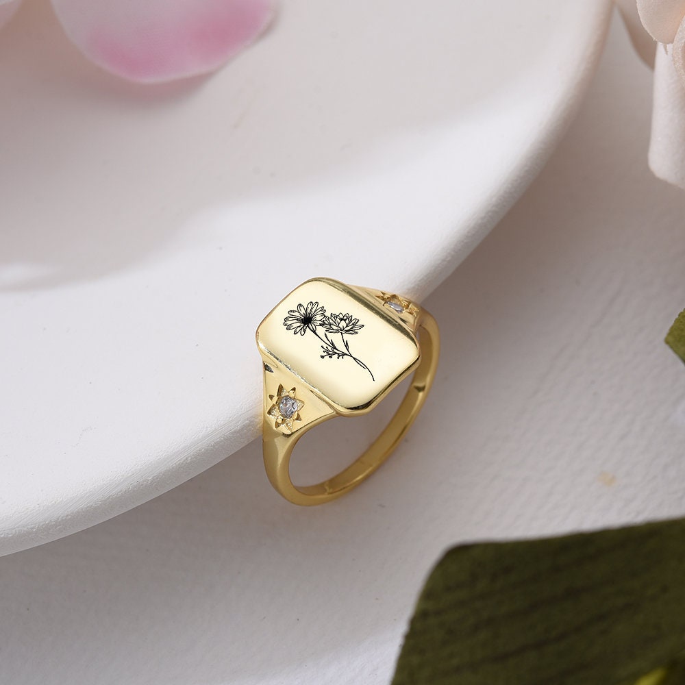 Personalized Birth Flower Ring: Sterling Silver Engraved Bouquet Ring ...