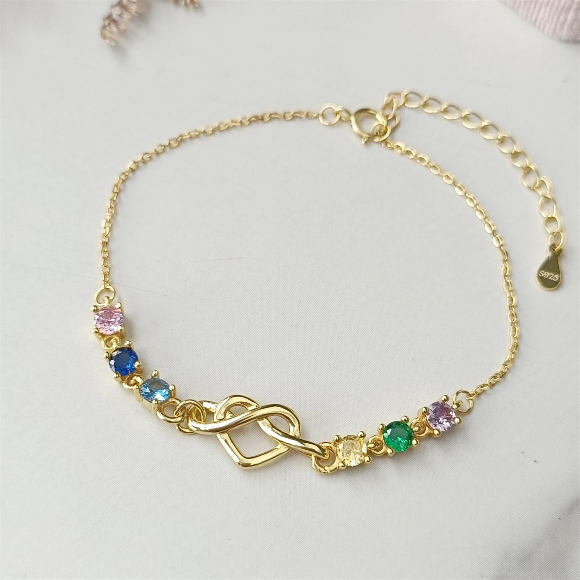 Bracciale Personalizzato A Cuore Con Pietre Portafortuna - Regolabile In Argento Rodiato - Regalo Per Donna, Ragazza, Madre - 3