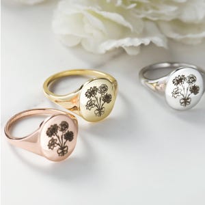 Personalisierter 1-4 Geburtsblumenring, Sterlingsilber-Ovalring, Benutzerdefinierte Geburtsmonatsring, Blumensiegelring, Frauen-Geburtstags-Weihnachtsgeschenk