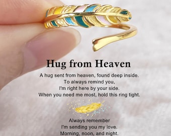 Emaille Feder Sterlingsilber Gedenkring: Hug From Heaven (Umarmung des Himmels).