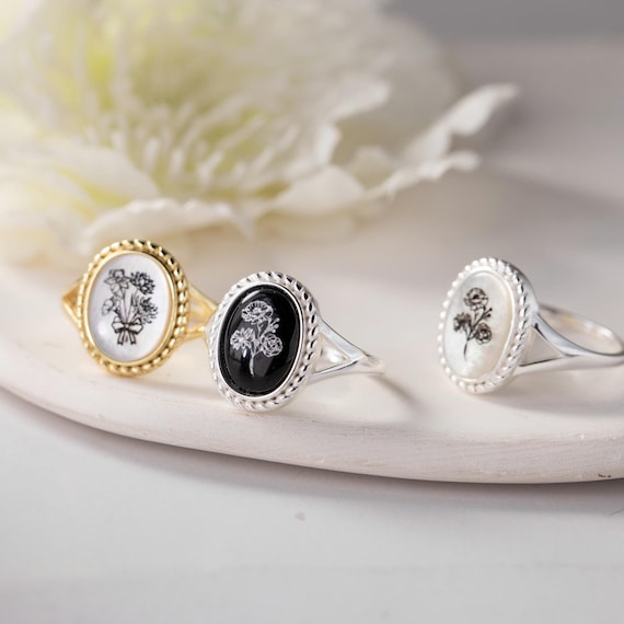 Personalized Birth Flower Ring: Black Agate & Mother of Pearl, Sterling Silver