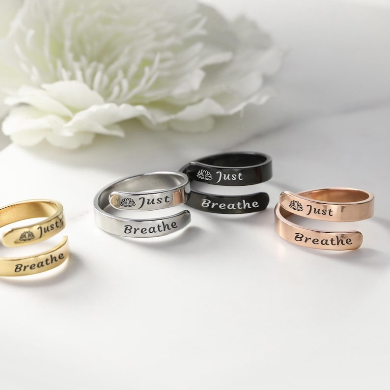 Just Breathe Band Ring: Stainless Steel Self-Reminder, Adjustable Signet Inspirational Gift image 1