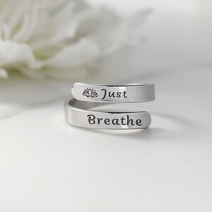 Just Breathe Band Ring: Stainless Steel Self-Reminder, Adjustable Signet Inspirational Gift Silver