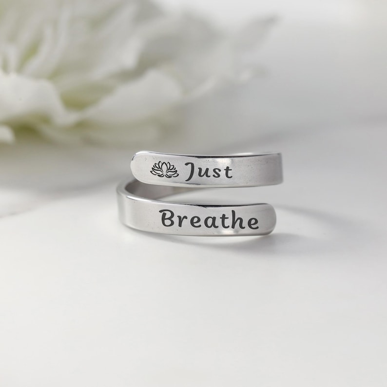 Just Breathe Band Ring: Stainless Steel Self-Reminder, Adjustable Signet Inspirational Gift Silver