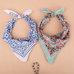 Floral Boho Cotton Bandana Scarf, Lightweight Handblock Wrap For Hair Or Neck, Eco-Friendly Gift, Unisex Handmade Accessory - Set of 2