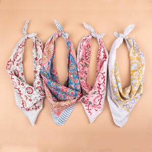 Eco-Friendly Handmade Cotton Bandana, Lightweight Block Printed Hair, Summer Boho Accessory, Unisex Gift Fashion Accessory  - Set of 4