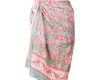 Hand Block Print Cotton Sarong, Floral Beach Cover Up, Summer Beachwear Pareo, Long Boho Cotton Scarf, Handcrafted Classy Sarong Skirt