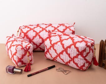 Block Print Makeup Bag, Small Wash Bag, Waterproof, Travel Bag, Cotton Toiletry Bag, Block Printed Quilted Wash Bag, Gift for Her - Set of 3