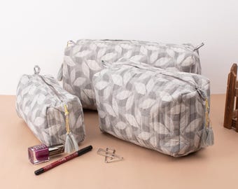 Hand Block Print Toiletry Bag, Quilted Wash Bag, Cosmetic Pouch, Travel Bag, Makeup Bag, Reusable Cotton Wash Bags, Gift for Her - Set of 3