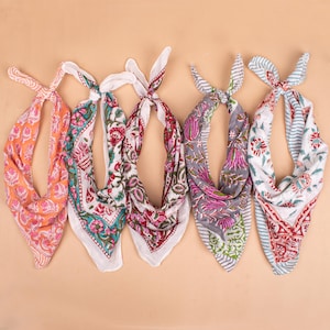 Set of 5 - Handmade Printed Organic Cotton Bandana, Boho Paisley Scarf, Neck Or Hair Wrap, Unisex Sustainable Accessory, Eco-Friendly Gift