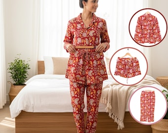 Women 3 Pcs Cotton Pajama Set | Floral Bridesmaid PJ Set | Skin Friendly Spring Sleepwear | Cotton Loungewear