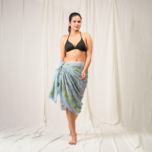 Hand Block Printed Cotton Sarong, Beach Shawl & Scarf, Boho Summer Pareo Cover-Up, Gift for Her