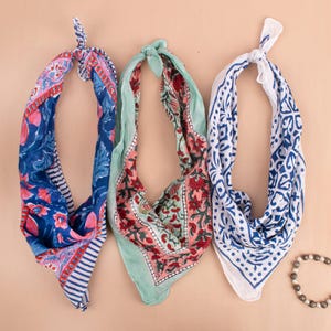 Lightweight Boho Cotton Bandana Scarf, Handblock Print Hair Or Neck Wrap, Hair Accessory, Reusable Gift Idea For Outdoor - Set of 3