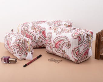 Large Toiletry Bag, Makeup Bag With Compartments, Block Printed Large Toiletry Bag, Travel Toiletry Bag, Travel Makeup Pouch - Set of 3
