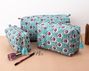 Block Printed Large Toiletry Bag, Waterproof Wash Bag, Makeup Bag, Cosmetic Bag, Travel Bag, Jumbo Wash Bag, Gift for Her - Set of 3