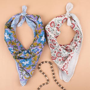 Cotton Bandanas For Men & Women, Block Printed Handcrafted Neck Scarf, Boho Hair Tie, Hiking  Dust Protection Accessory - Set of 2