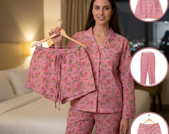 Women’s 3 Piece Cotton Pajama Set Floral Sleepwear | Soft Breathable Loungewear | Matching PJ Set Gift for Her (New Arrival)