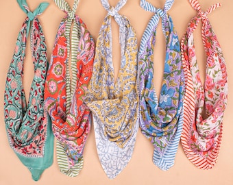 Juego de 5 pañuelos de algodón orgánico: pañuelo cuadrado para el cuello y el cabello con estampado a mano