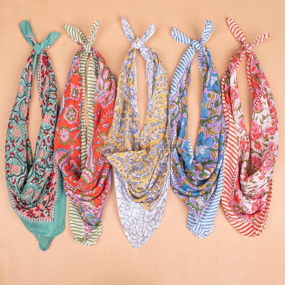 Organic Cotton Bandana Set Of 5 : Hand Block Printed Hair & Neck Wrap | Square Scarf