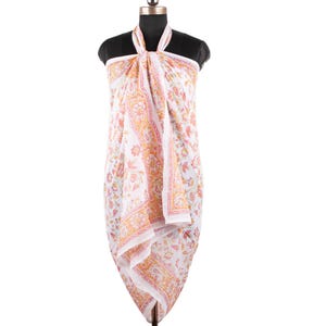 Floral Cotton Sarong Wrap, Summer Lightweight Beach Cover Up | Boho Scarf | Indian Block Print Pareo | Summer Swimwear Wrap | Pool Side Wear