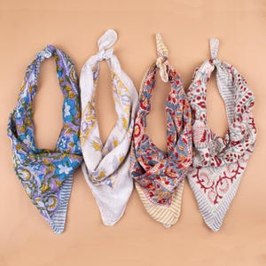 Hand Block Printed Cotton Bandana, Summer Neck Or Hair Wrap, Lightweight Eco-Friendly Gift Idea For Her Him, Travel Accessory  - Set of 4